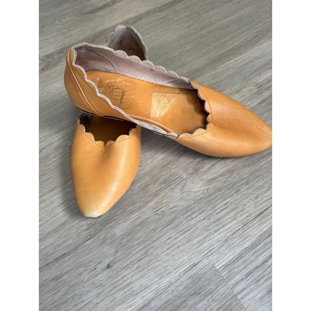 Bali ELF Women Scalloped Leather Ballet Flats Pointed Toe Tan Brown Size 10